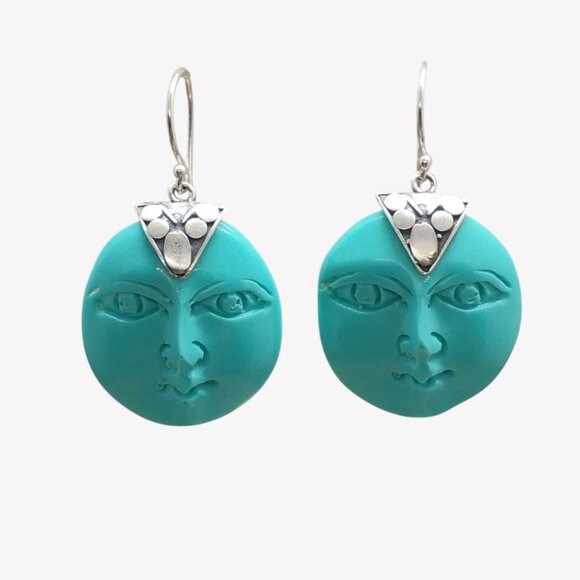 Turquoise Blue Carved Moon Face Sterling Silver Drop Earrings - Picture 2 of 4